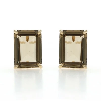 Yellow Gold Smoky Quartz Stud Earrings - 14k Emerald 14.50ctw - Image 1 of 4