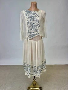 Antique 1920s White Silk Chiffon Dress Blue Persimmon Embroidery Drop waist - Picture 1 of 16