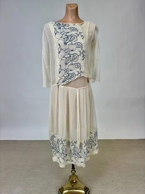 Antique 1920s White Silk Chiffon Dress Blue Persimmon Embroidery Drop waist - Image 1 of 4