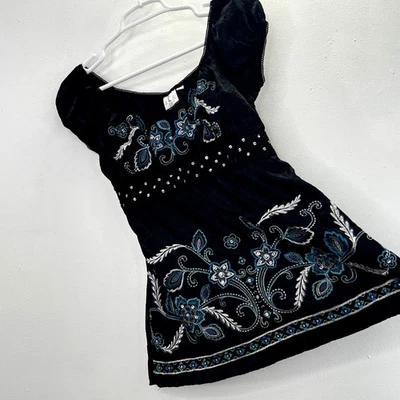 Vintage Y2K Heart Soul Babydoll Top S Black Crinkle Satin Embroidered Sequin - Image 1 of 4