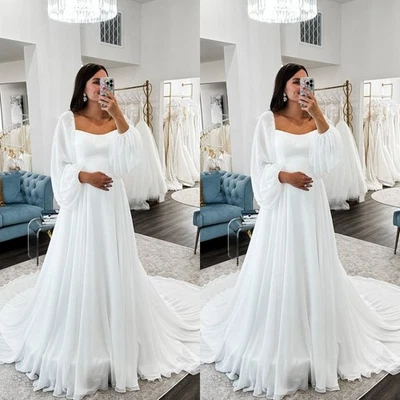 Chiffon Wedding Dresses Long Sleeves Square Neck A Line Beach Bridal Gowns - Image 1 of 4