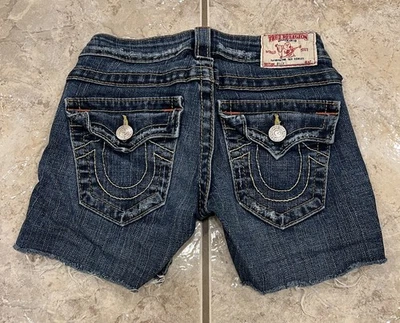 Size 23 True Religion Billy Low Rise Cut Off Denim Shorts Distressed USA MADE - Image 1 of 4