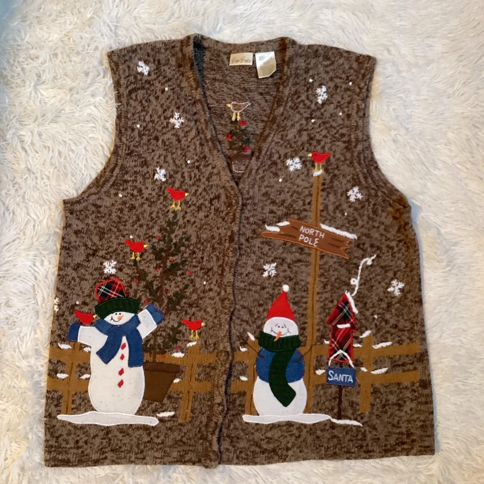 Chaleco Suéter Vintage Bobbie Brooks XL Cardinal Bird Marrón Navidad Polo Norte Foto 1 de 4
