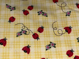 By 1/2 Yd Yellow Plaid w/Red Lady Bugs & Daisies FLANNEL Cotton Fabric BTHY - Picture 1 of 5