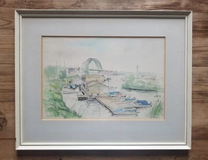 Original Vintage niederländisches Aquarellgemälde Hafenboote unterschiedslos signiert - Bild 1 von 6