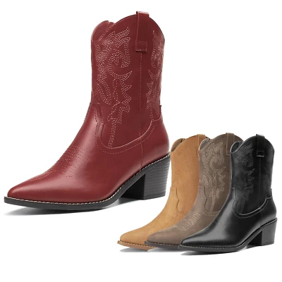 Women Cowboy Boots Pointed Toe Chunky Heel Zipper Stitched Western Ankle Boots - Image 1 of 4