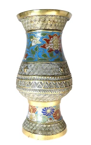 Vintage Champleve Messing Chinesische Vase Blau Rot Gold Emaille Peking Wabe - Bild 1 von 14