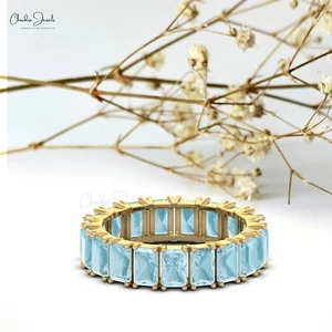 14k Yellow Gold 4.80 TCW Aquamarine Gemstone Eternity Band Stackable Women Ring - Picture 1 of 8