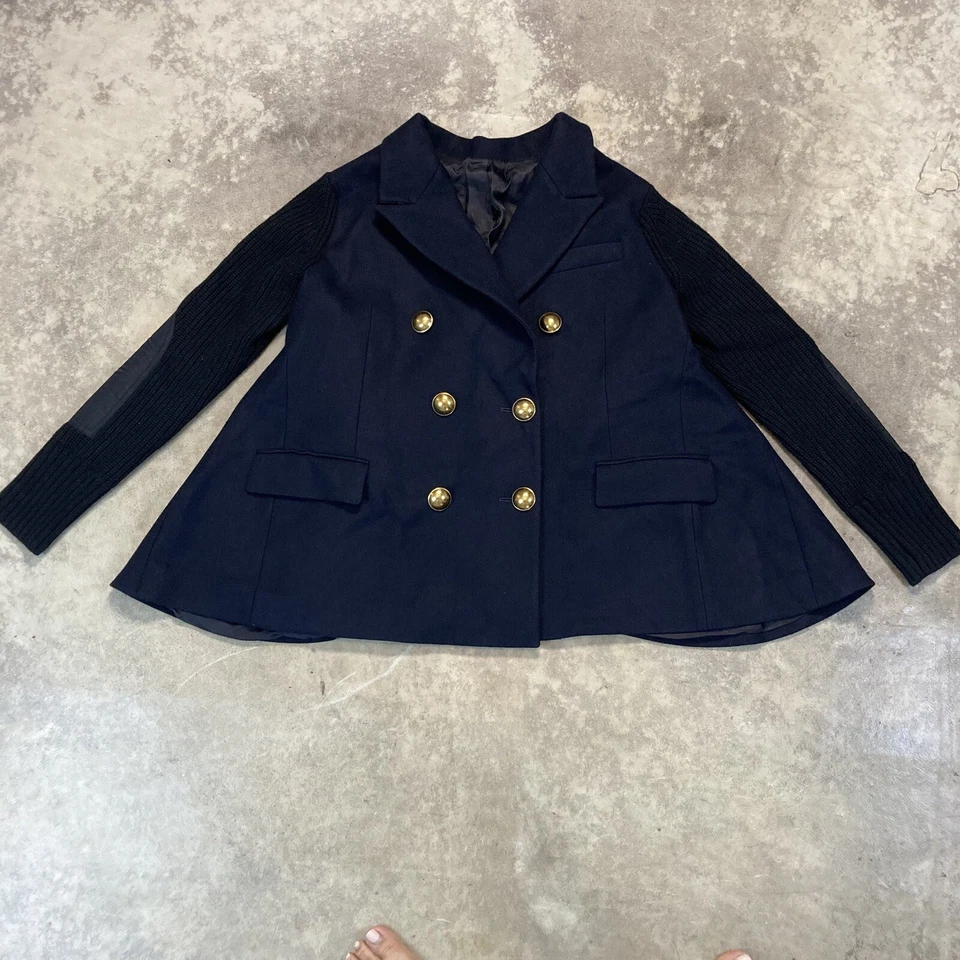 Sacai Coat Womens Medium Navy Black Military Knit Wool Draped Back Double Breas - Image 1 of 4
