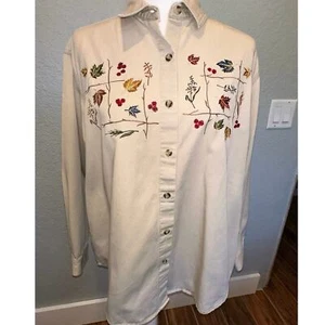 Camisa de franela hojas bordadas Casey & Max de colección con botones talla Lrg abuela  - Imagen 1 de 15