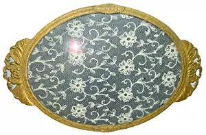 Glass Vanity Tray Lace Inset Oval Vintage Made In Japan - Picture 1 of 7
