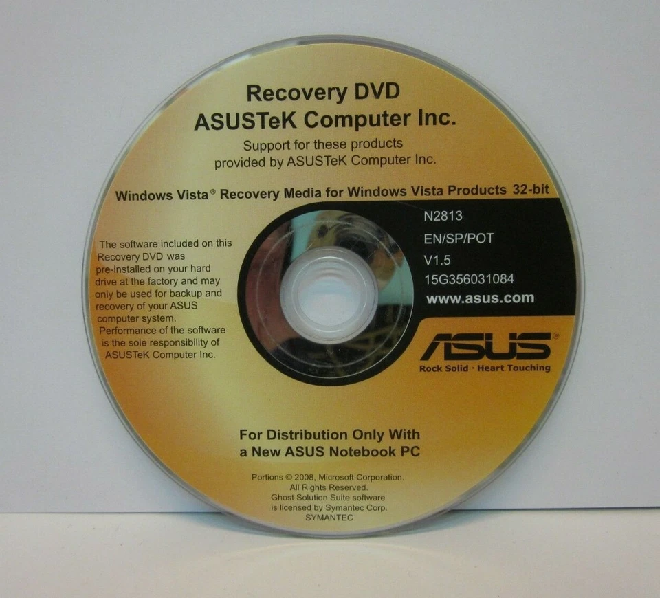 ASUS Recovery DVD Windows Vista 32 Bit Inglese Spagnolo Portoghese 15G356031084 - Immagine 1 di 1