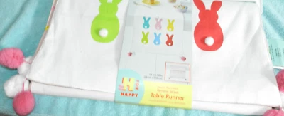 Reversible Table Runner 90” x 14” Multi-colored white w/Easter bunnies/Stripes - Image 1 of 4