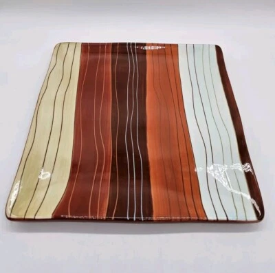 Pier 1 Canyon Striped Square 11x11" Dinner Dish Fall Handpainted Earthenware - Image 1 of 4