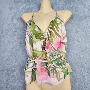 Camiseta sin mangas Ann Taylor para mujer de seda 4 rosa corta romántica floral cuello en V lazo cintura - Imagen 1 de 22