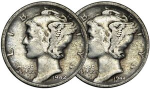 1942 D & 1944 D Mercury Silver Dime F 90% Silver 10c Fine - 2 Coin Set