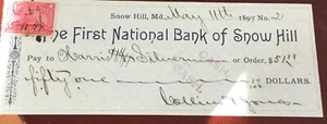 Estampilla a cheques vintage del primer Banco Nacional de Snow Hill, 1899 - Imagen 1 de 2