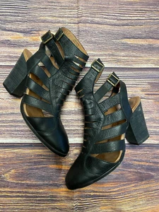 Womens 41 Free People Black Pebbled Leather Strappy Heels Booties - Picture 1 of 11