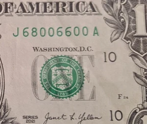 Fancy Serial Number $1 Bill Series 2021~68006600~ ((Trinary/3&4OAK)) - Imagen 1 de 3