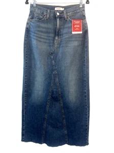 Levi Strauss Demin Maxi Long Skirt S 2 Mid Rise 90's Phoebe Friends Raw Bottom - Picture 1 of 5