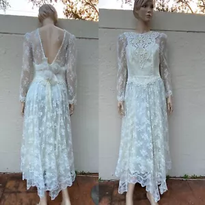 GORGEOUS VINTAGE BOHEMIAN LACE EMBELLISHED SUMMER BEACH WEDDING DRESS SZ 4-6 - Picture 1 of 8