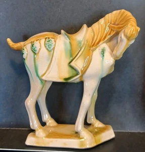 Vtg Chinese Tang Dynasty Sancai Style War Horse Glazed Ceramic Figurine 5.25" -O - Picture 1 of 13