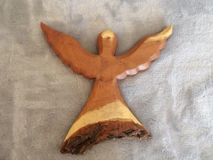 Unique hand carved wooden Angel plaque or ornament with rustic bark bottom - Picture 1 of 5