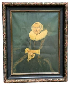 Antique Carved Wood Picture Frame w 17th Century Clad Lady Portrait OD 11x13.75" - Picture 1 of 12