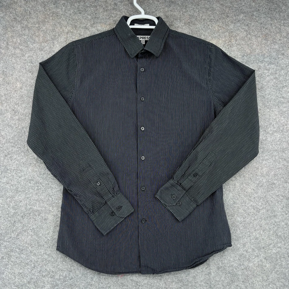Camisa Express Para Hombre Mediana Negra Rayas Ajustada Botón Delantero Manga Larga Vestido Foto 1 de 4