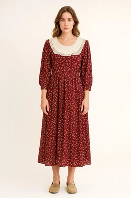 Vestido vintage años 80 COTTAGECORE HOLIDAY midi encaje babero floral pradera manga 3/4 L Foto 1 de 4