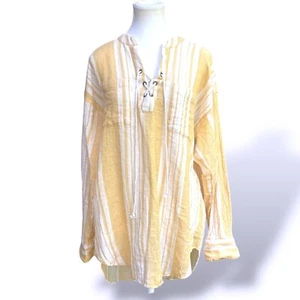 Rip Curl Striped Tunic Top Lace Up Long Sleeve Casual Yellow White M - Picture 1 of 9