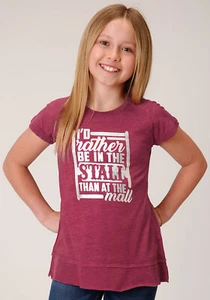 Roper Girls Kids Wine Poly/Rayon Rather Be In The Stall S/S T-Shirt - Picture 1 of 4