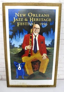 Póster firmado 1996 Pete Fountain Jazz Fest George Rodrigue perro azul 2255/3000 - Imagen 1 de 11