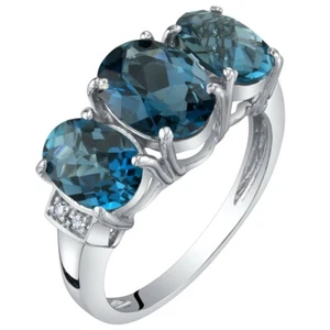 14K White Gold Genuine London Blue Topaz and Diamond Three Stone Ring 2.75 cts - Picture 1 of 3