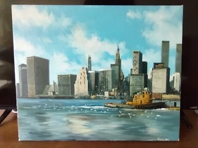 VTG TUGBOAT NEW YORK CITY SKYLINE HAROUR TWIN TOWERS PAITING CANVAS 24 X 20" - Image 1 of 4
