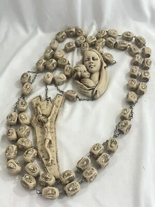 Vintage Alabaster Resin Wall Rosary Carved Beads 67” Italy - Foto 1 di 13