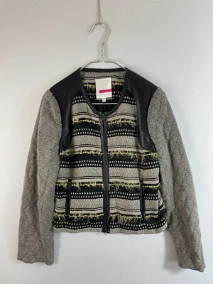 Blazer Tracy Reese Mediano Rayas Acolchado Flecos Cuero Cordero Cremallera Frontal Foto 1 de 4