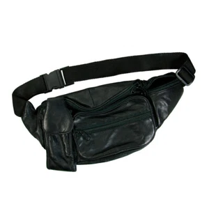 Genuine Black Leather Early 2000's VTG Fanny Pack Carry Waist Hip Belt Zip Bag - Picture 1 of 4