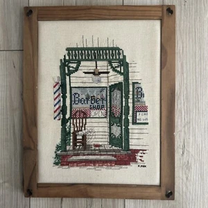 Vintage Barber Shop Finished Cross Stitch Framed 11 X 14 - Picture 1 of 5