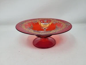 Moser Salviati Venetian Ruby Red Enamel Hand Painted Compote Pedestal Bowl 7" - Picture 1 of 13