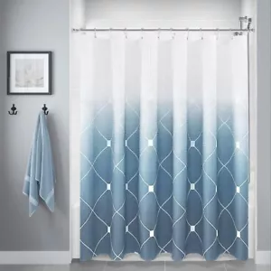 Blue and White Ombre Shower Curtain Set for BathroomGeometric Pattern Bathroo... - Picture 1 of 7