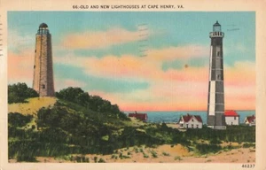 Cape Henry, Virginia Postcard Lighthouses Old and New  PM 1945   P8 - Picture 1 of 2