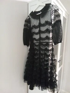 Red Valentino Size 4 Black Polka Dotted Tule Ruffle Dress With Scalloped Edging  - Picture 1 of 3