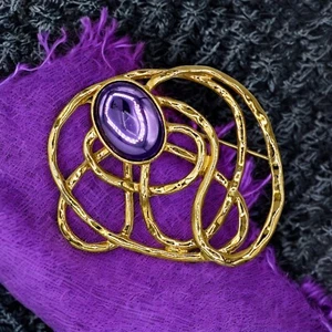 Avon Lila Cabochon Brosche Vintage Lucite Goldton Web Jumbo Statement Pin 3" - Bild 1 von 11