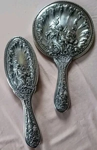 Vintage Handmirror And Brush Cherub Fairy Fish Silver Plated - Picture 1 of 7