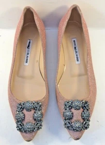 Manolo Blahnik Champagne Lamé Hangisi Flats Womens Size EUR 36.5M - Picture 1 of 12