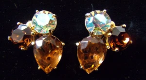 Signed SCHIAPARELLI EARRINGS AMBER & AURORA BOREALIS RHINESTONES CLIP ONS - Picture 1 of 6