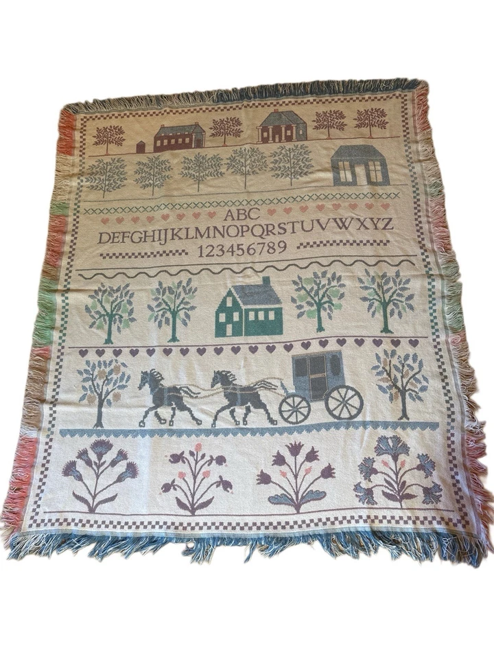 Corona Artesanía 100% Algodón Muestreador de Alfabeto Country Tapiz Manta Flecos Foto 1 de 4
