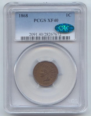 1868 Indian Head Cent PCGS XF-40, Green CAC - Image 1 of 2