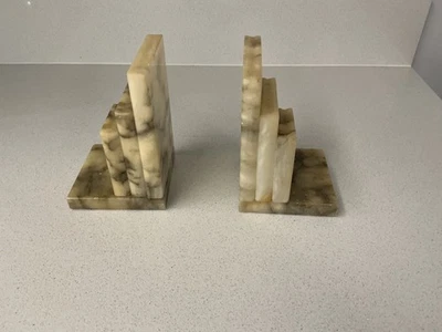 VINTAGE ALABASTER STACKED BOOKS  BOOKENDS HAND CARVED IN ITALY - Image 1 of 4